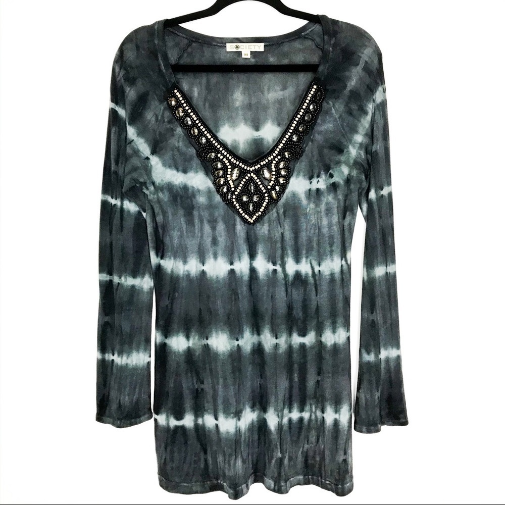 Free Society Beaded Top Womens Medium Tie Dye Vneck Boho Rocker Glam Steampunk - Picture 4 of 11